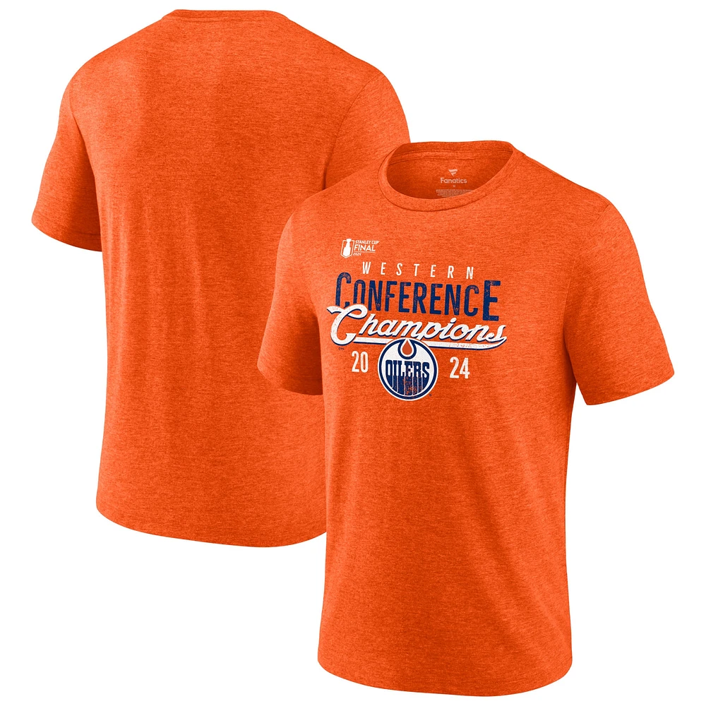 T-shirt tri-mélange Fanatics Heather Orange des Oilers d'Edmonton pour hommes, champions de la Conférence l'Ouest 2024