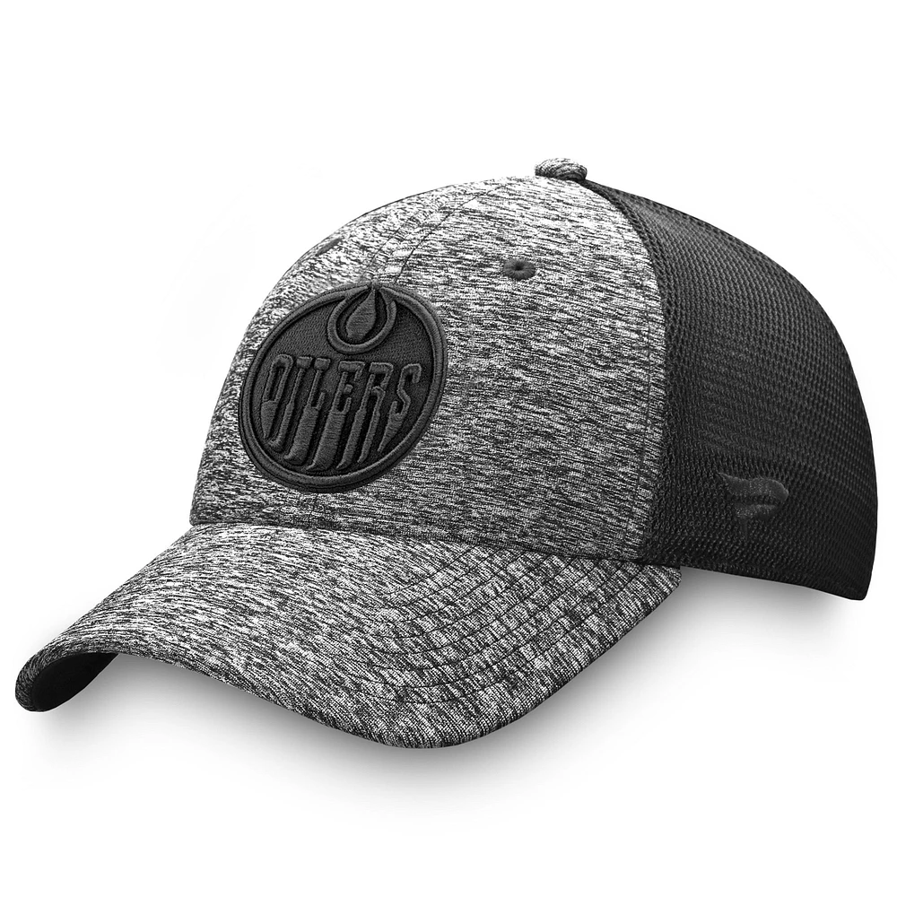 Casquette Authentic Pro Training & Travel Trucker Flex de marque Fanatics Heathered noir/noir Edmonton Oilers pour homme