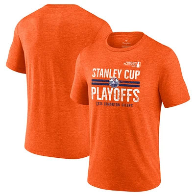 T-shirt tri-mélange à barre transversale des séries éliminatoires de la Coupe Stanley 2024 Oilers d'Edmonton orange Fanatics pour hommes