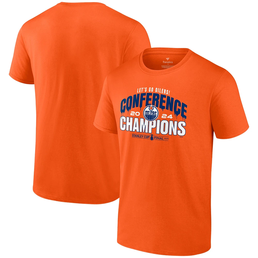 T-shirt orange Fanatics pour hommes des Oilers d'Edmonton, champions de la Conférence l'Ouest 2024, ville natale