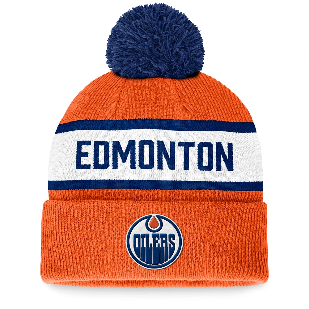 Men's Fanatics Orange Edmonton Oilers Fundamental Wordmark Cuffed Knit Hat with Pom