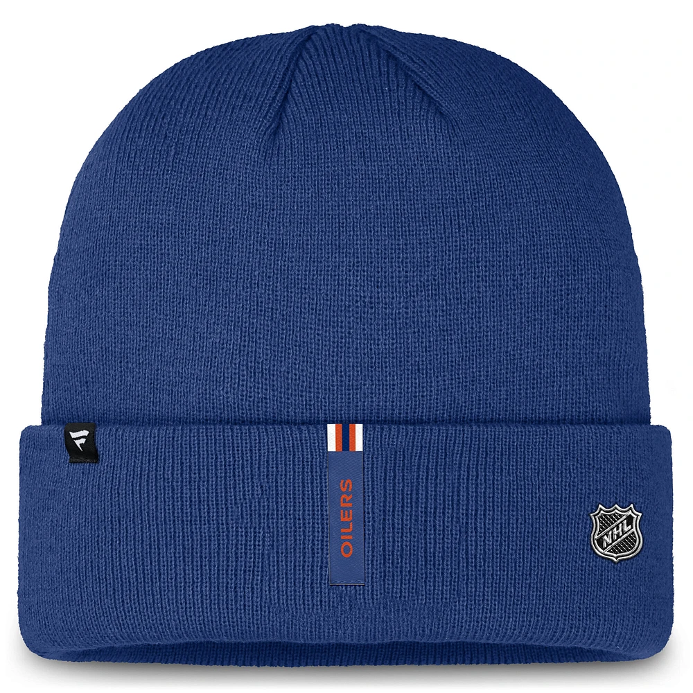 Casquette en tricot à revers authentique Pro Rink Prime Fanatics Royal Edmonton Oilers pour hommes