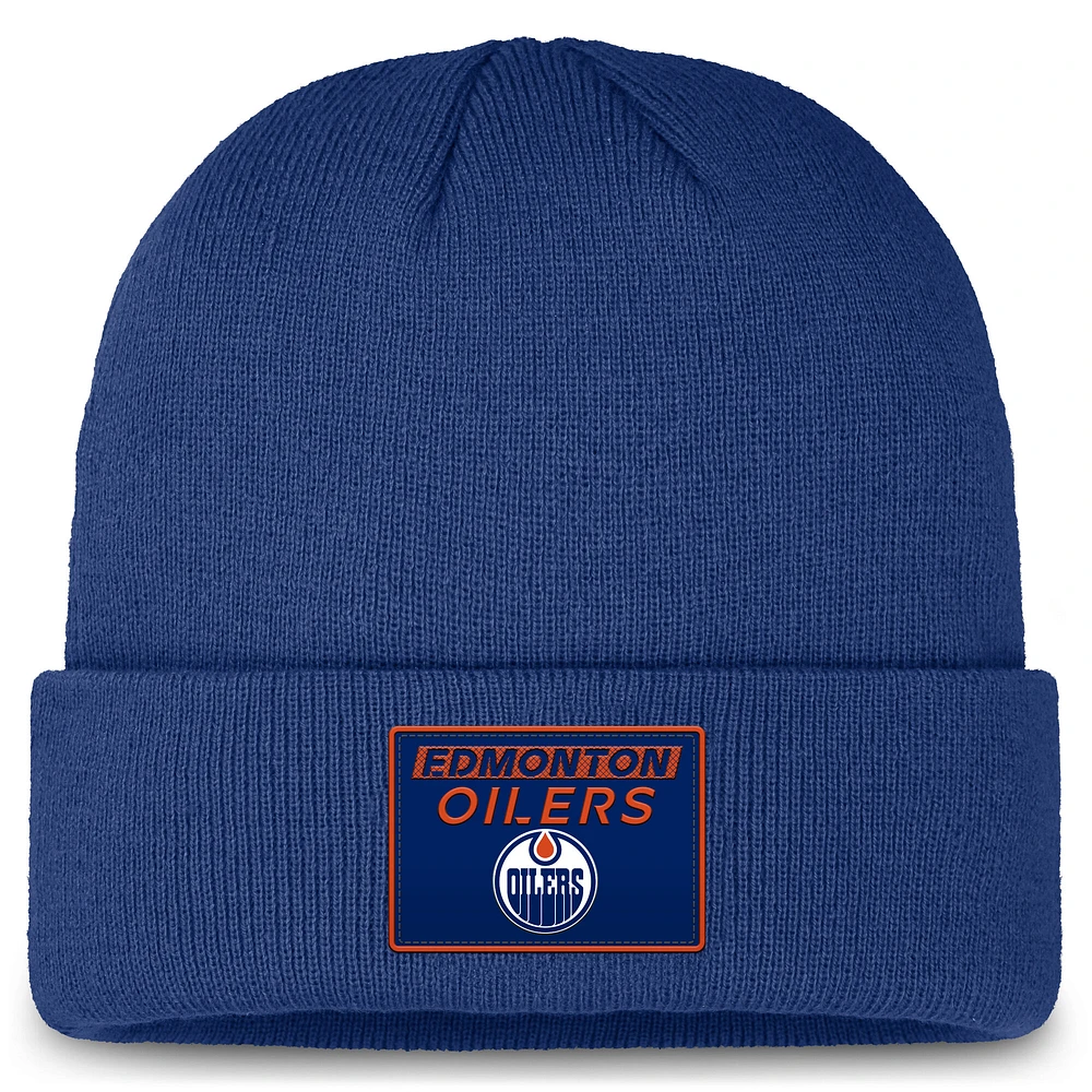 Casquette en tricot à revers authentique Pro Rink Prime Fanatics Royal Edmonton Oilers pour hommes