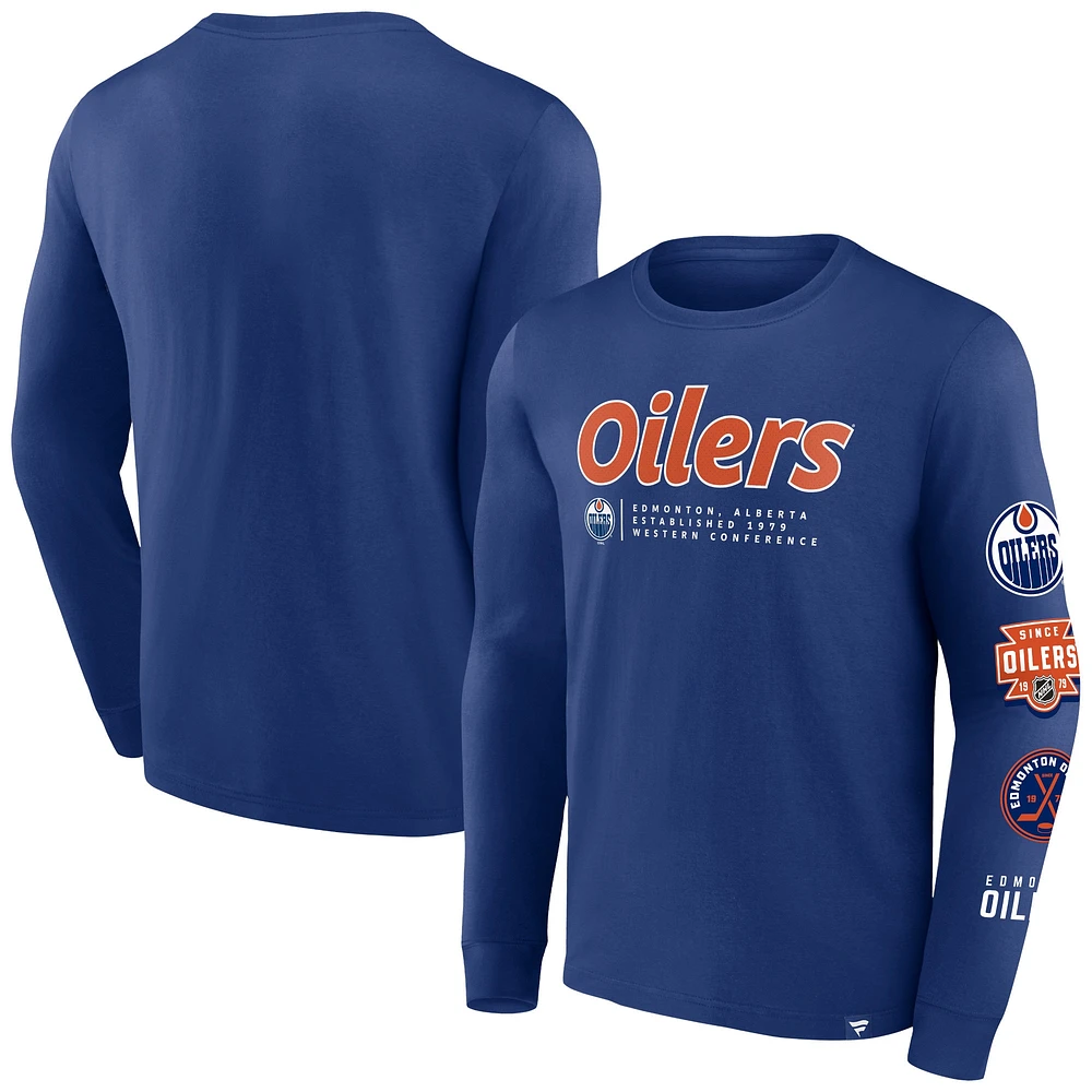 T-shirt à manches longues Fanatics Royal Edmonton Oilers Strike the Goal pour hommes