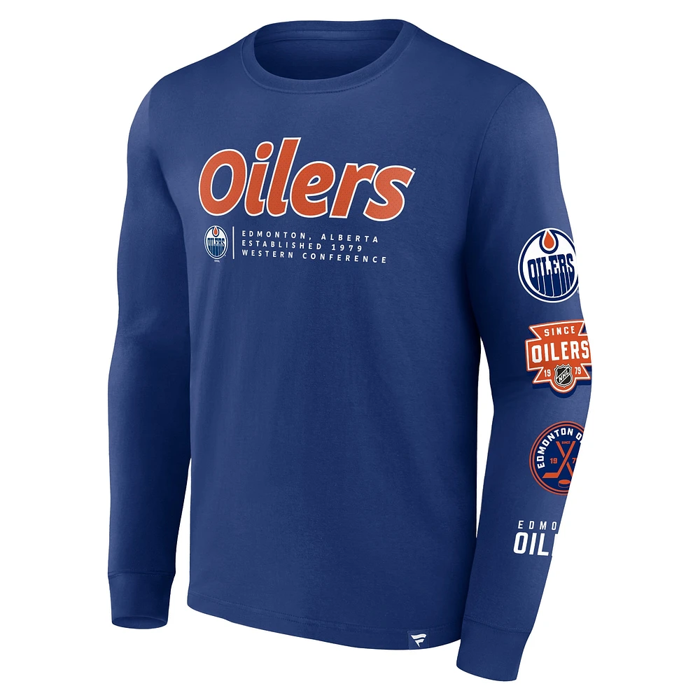 T-shirt à manches longues Fanatics Royal Edmonton Oilers Strike the Goal pour hommes