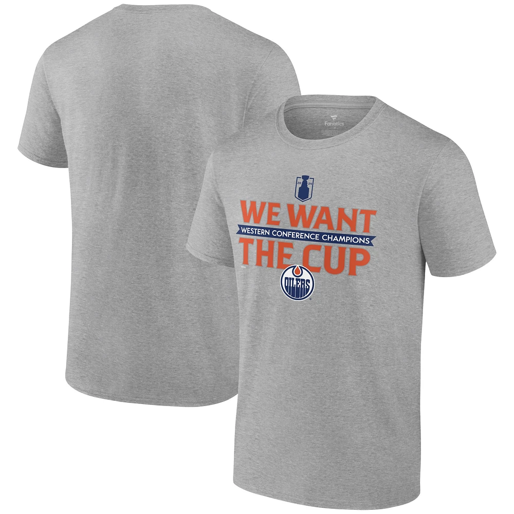 T-shirt Fanatics Steel pour hommes des Oilers d'Edmonton, champions de la Conférence l'Ouest 2024, nous voulons coupe