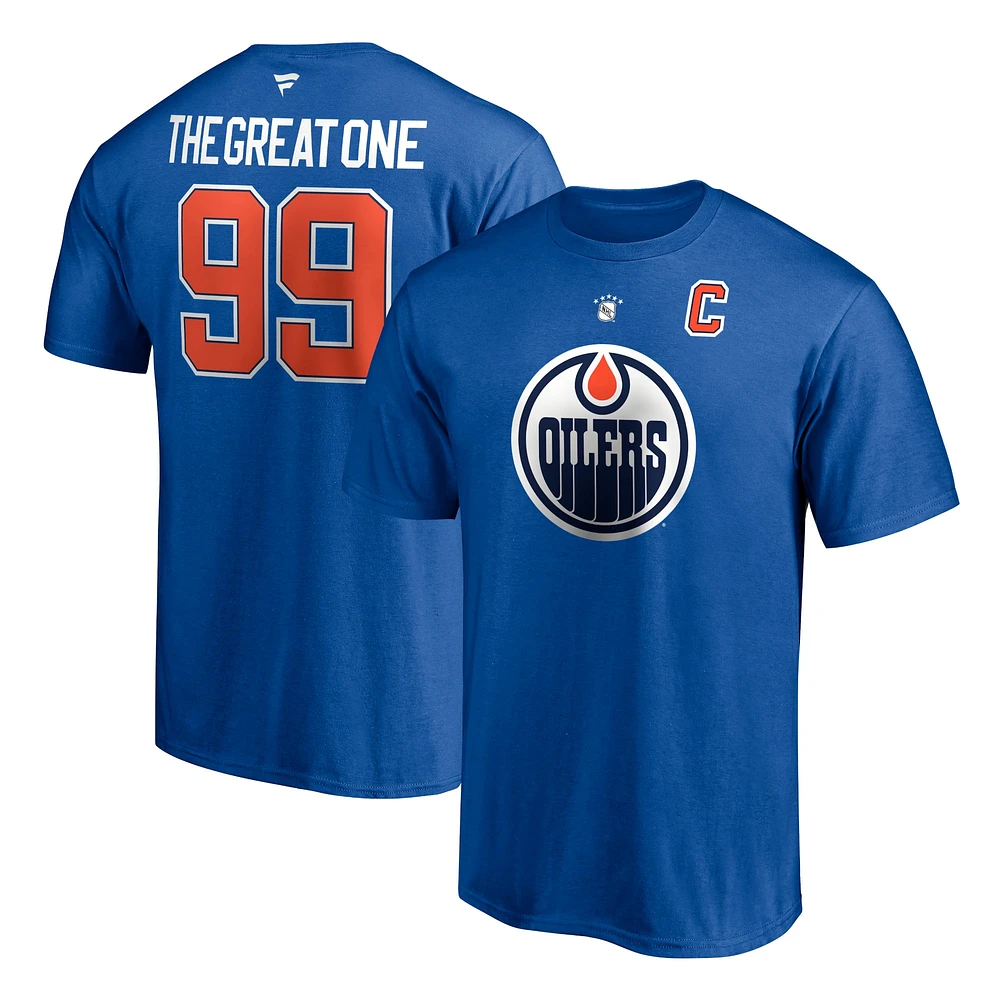 Fanatics pour hommes de marque Wayne Gretzky Royal Edmonton Oilers Authentic Team Stack Retired Player Name & Number - T-shirt