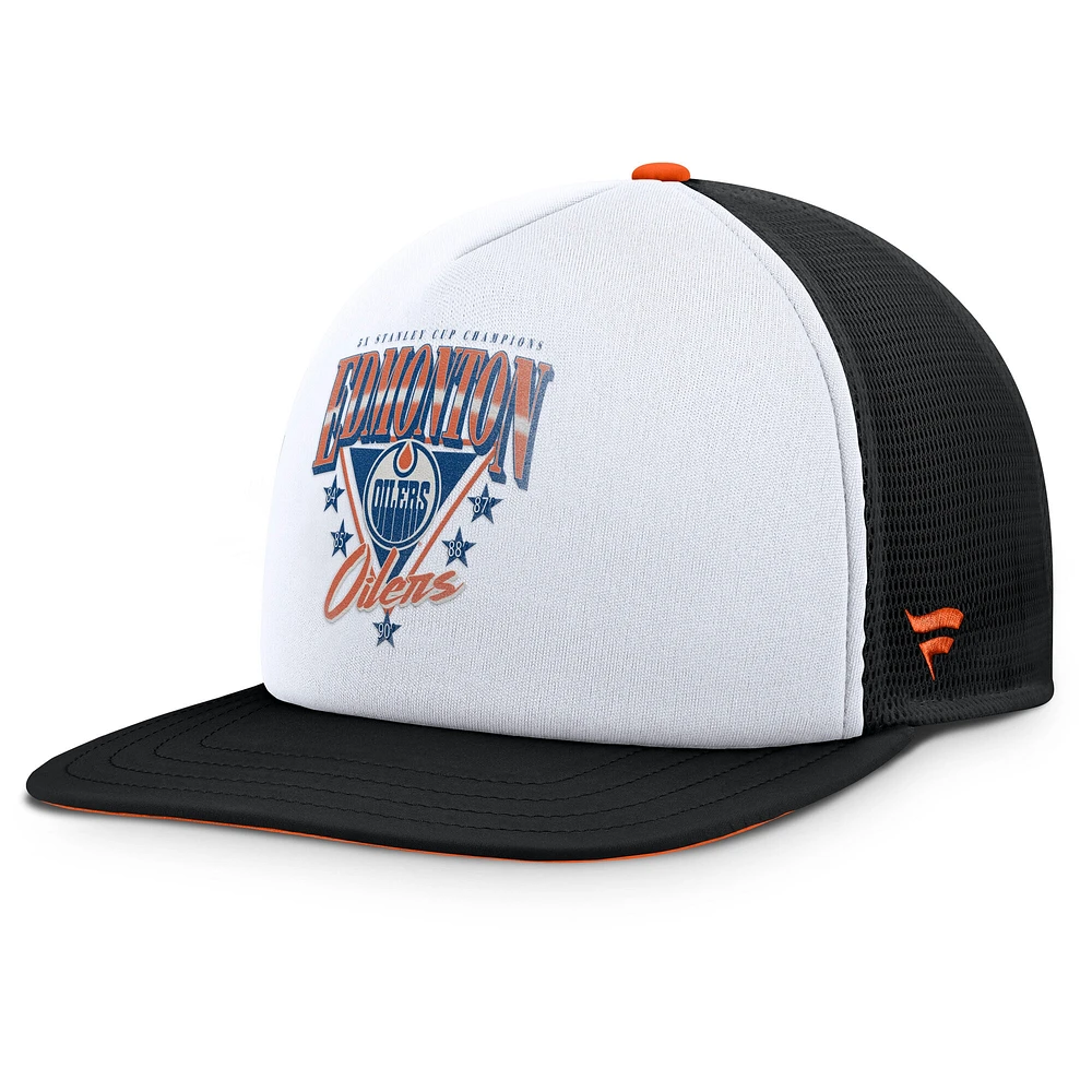 Casquette à pression en mousse blanche/noire Fanatics pour hommes des Oilers d'Edmonton Decades Collection