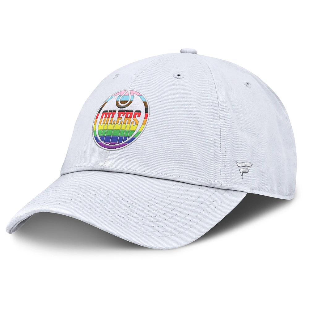 Casquette ajustable PRIDE blanche Fanatics pour hommes des Oilers d'Edmonton