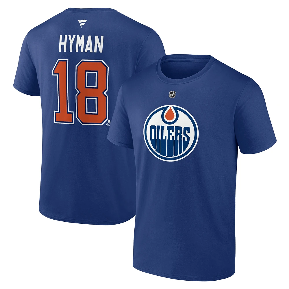 T-shirt authentique pour homme Fanatics Zach Hyman Blue Edmonton Oilers avec nom et numéro Stack