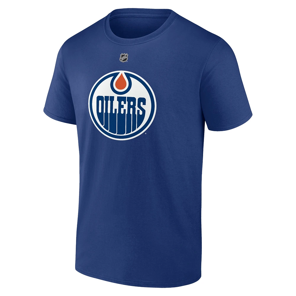 T-shirt authentique pour homme Fanatics Zach Hyman Blue Edmonton Oilers avec nom et numéro Stack