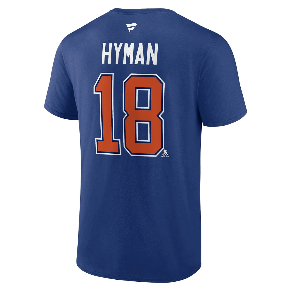 T-shirt authentique pour homme Fanatics Zach Hyman Blue Edmonton Oilers avec nom et numéro Stack