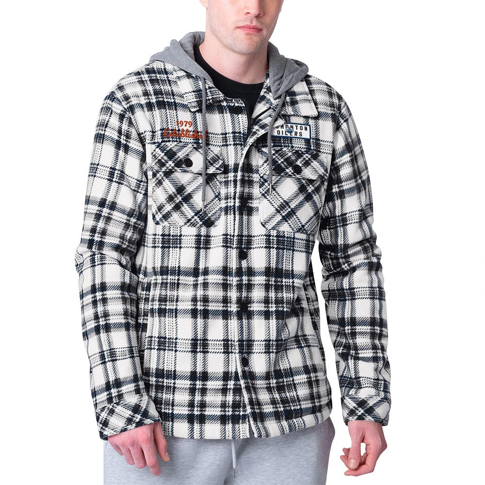 Men's G-III Sports by Carl Banks Navy Edmonton Oilers Pickoff Plaid Fleece Shirt Jacket Hoodie