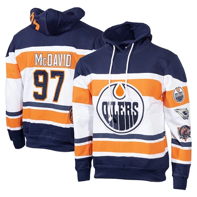 Chandail à capuchon avec nom et numéro des Oilers d'Edmonton Mitchell & Ness Connor McDavid bleu marine/blanc pour hommes