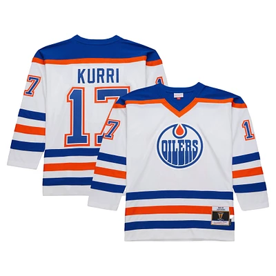 Maillot de joueur ligne bleue Mitchell & Ness Jari Kurri blanc des Oilers d'Edmonton 1986-87 pour hommes