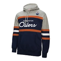 Men's Mitchell & Ness Navy/Gray Edmonton Oilers Head Coach Pullover Hoodie
