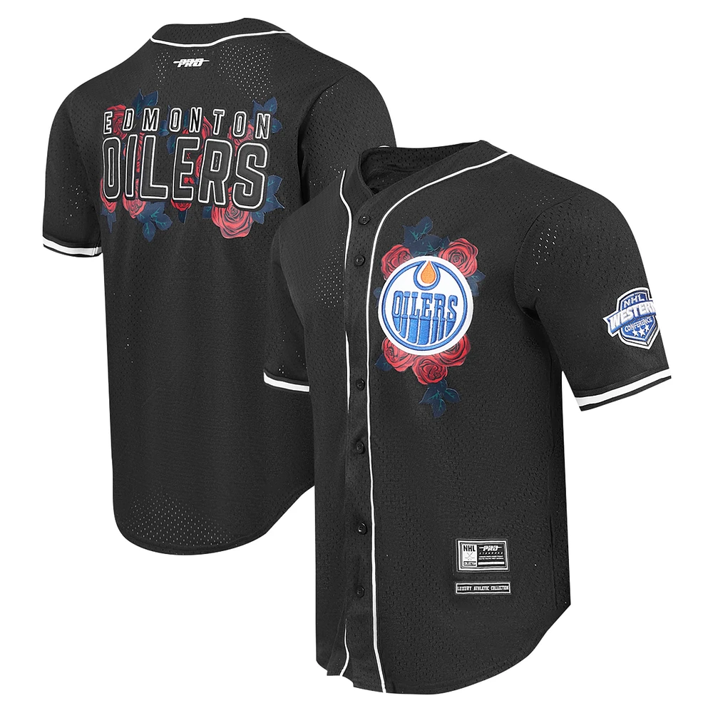 Men's Pro Standard Black Edmonton Oilers Roses Mesh Full-Button Baseball Shirt