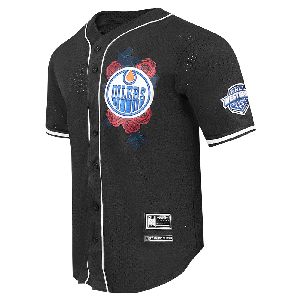 Chemise de baseball à boutons complets en maille Pro Standard noire pour hommes des Oilers d'Edmonton Roses