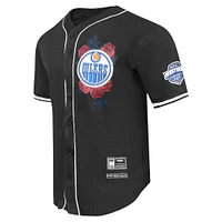 Chemise de baseball à boutons complets en maille Pro Standard noire pour hommes des Oilers d'Edmonton Roses