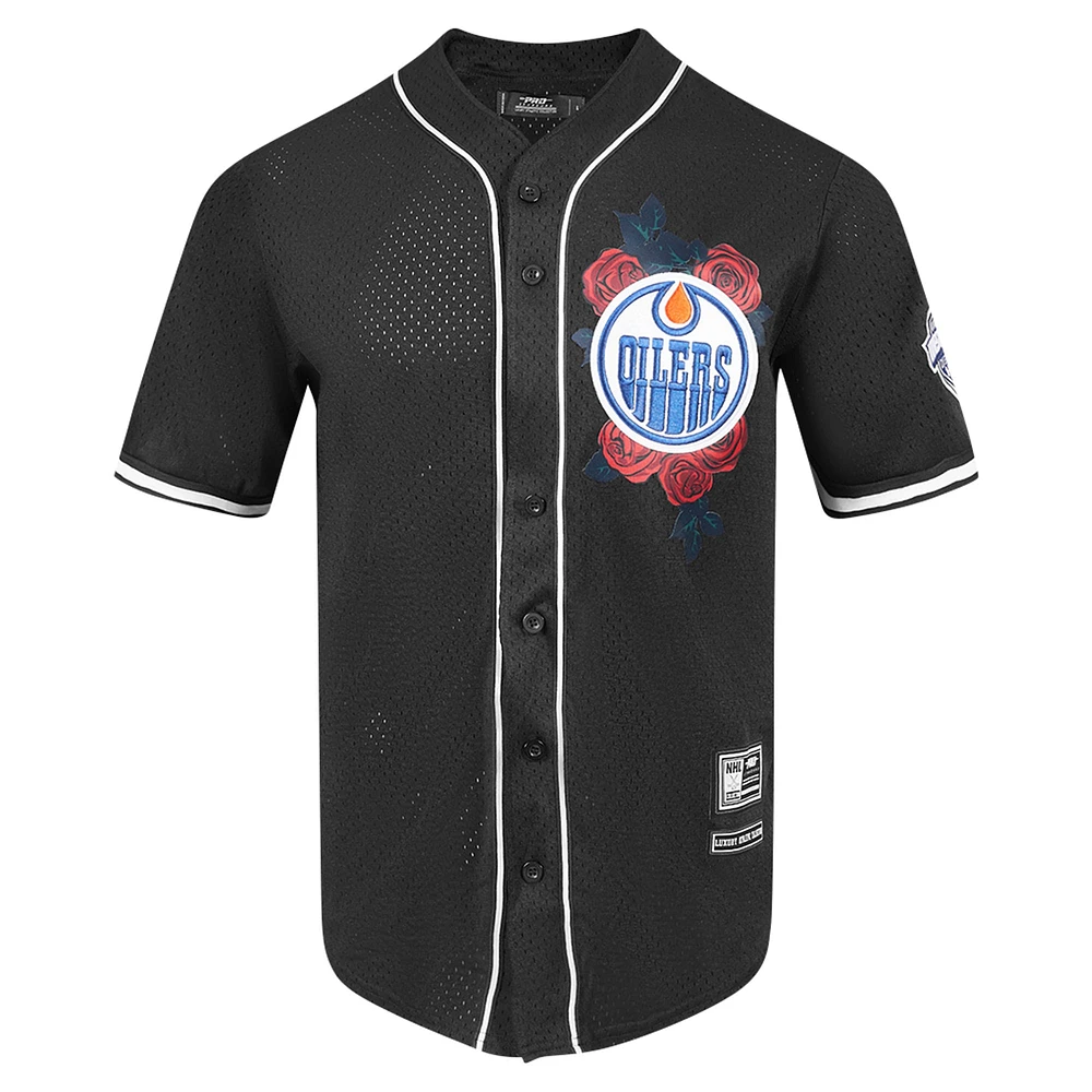 Chemise de baseball à boutons complets en maille Pro Standard noire pour hommes des Oilers d'Edmonton Roses