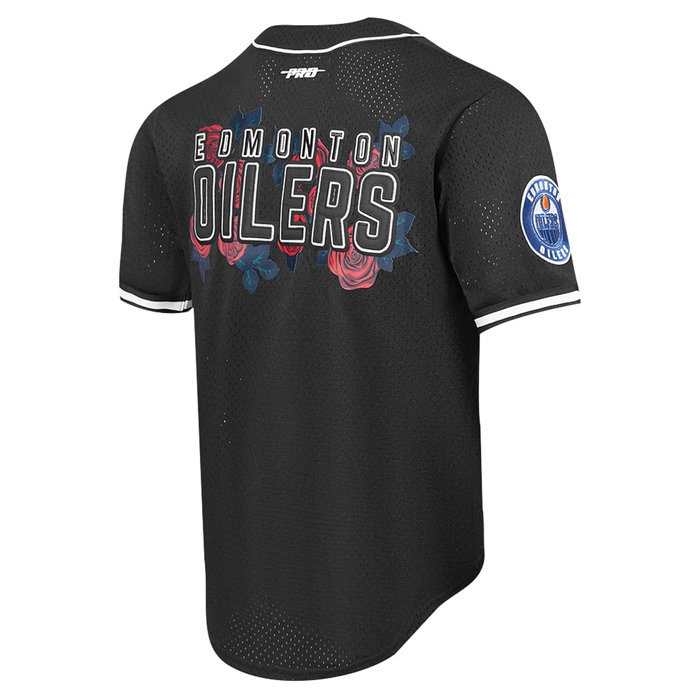 Chemise de baseball à boutons complets en maille Pro Standard noire pour hommes des Oilers d'Edmonton Roses