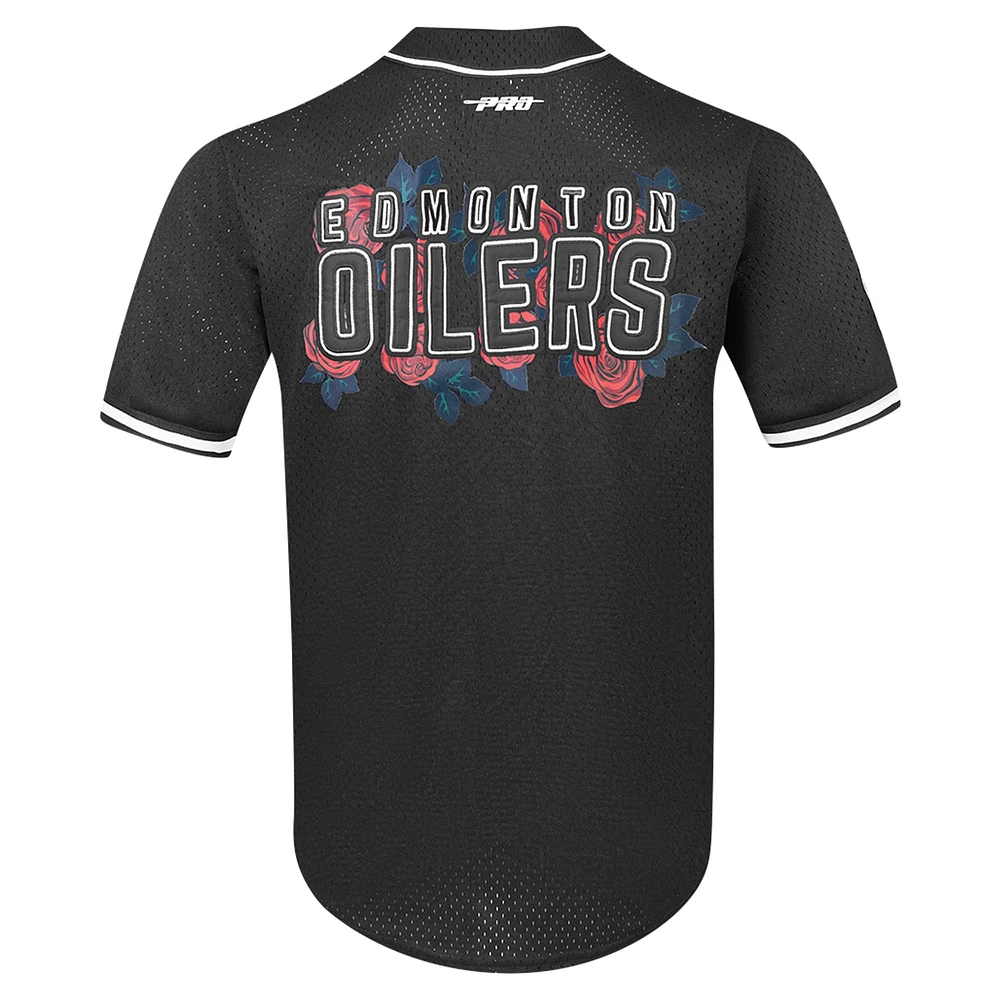 Chemise de baseball à boutons complets en maille Pro Standard noire pour hommes des Oilers d'Edmonton Roses