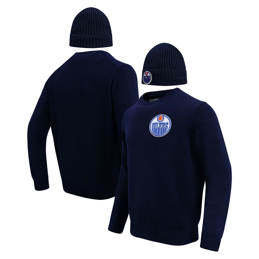 Coffret cadeau avec pull et bonnet en tricot à revers Pro Standard pour hommes des Oilers d'Edmonton, bleu marine