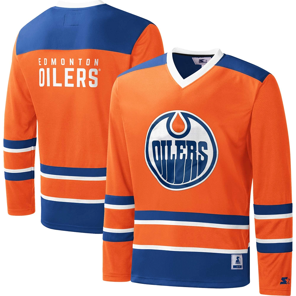 Men's Starter Orange Edmonton Oilers Cross-Check V-Neck - Long Sleeve T-Shirt