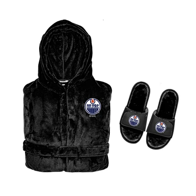 Unisex ISlide Black Edmonton Oilers Phantom Hoodie Robe & Mantra Slide Sandals Bundle