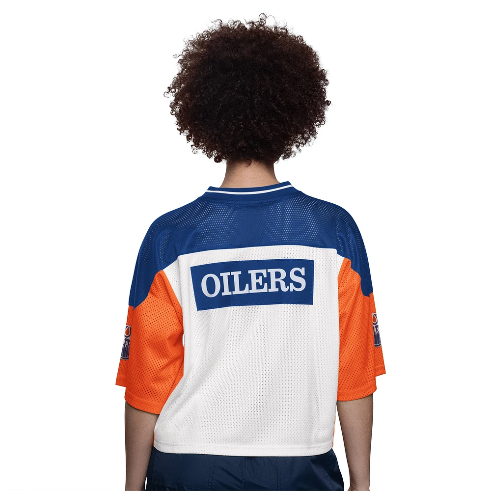 T-shirt court à col en V maille blanche pour femme avec logo des Oilers d'Edmonton