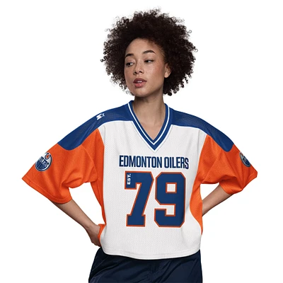 T-shirt court à col en V maille blanche pour femme avec logo des Oilers d'Edmonton