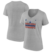 T-shirt à col en V Fanatics pour femmes, gris, Edmonton Oilers, champions de la Conférence l'Ouest 2024, vestiaire