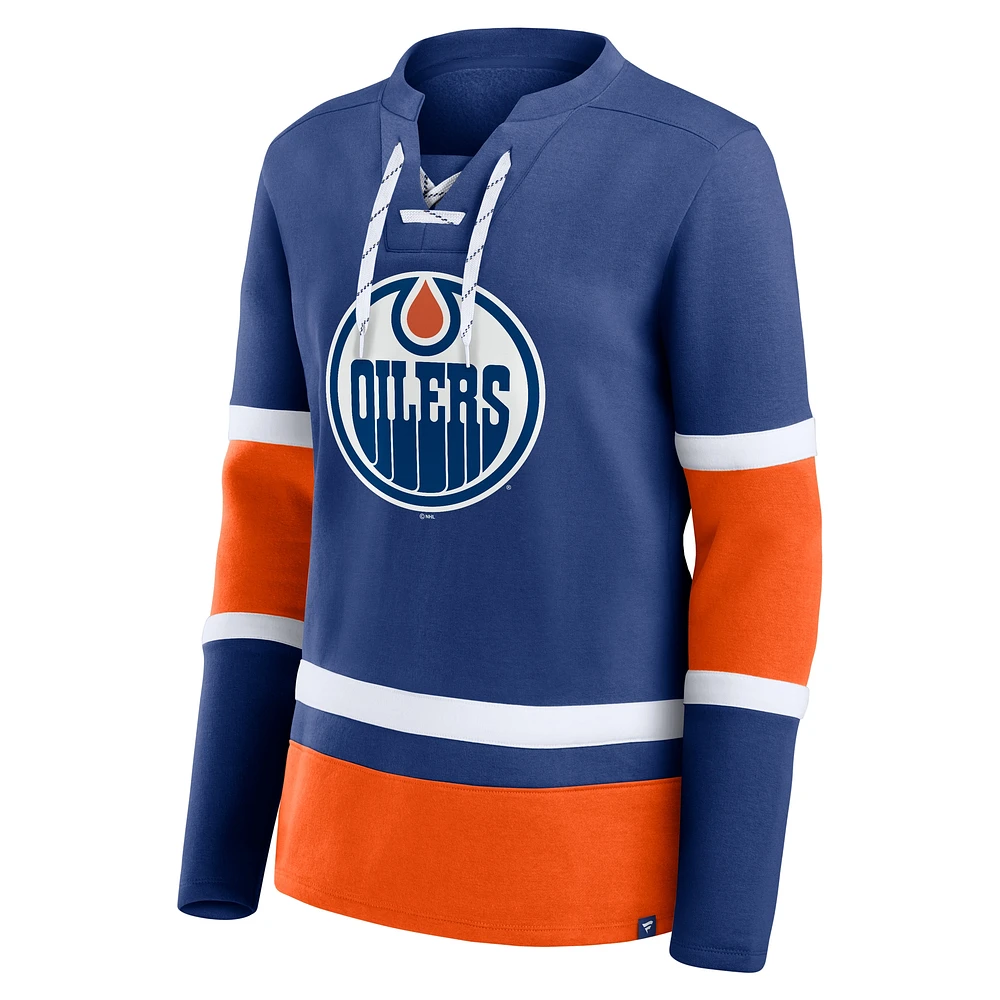 T-shirt à manches longues lacets Fanatics Royal/Orange Edmonton Oilers Prime Time pour femmes