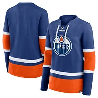 T-shirt à manches longues lacets Fanatics Royal/Orange Edmonton Oilers Prime Time pour femmes