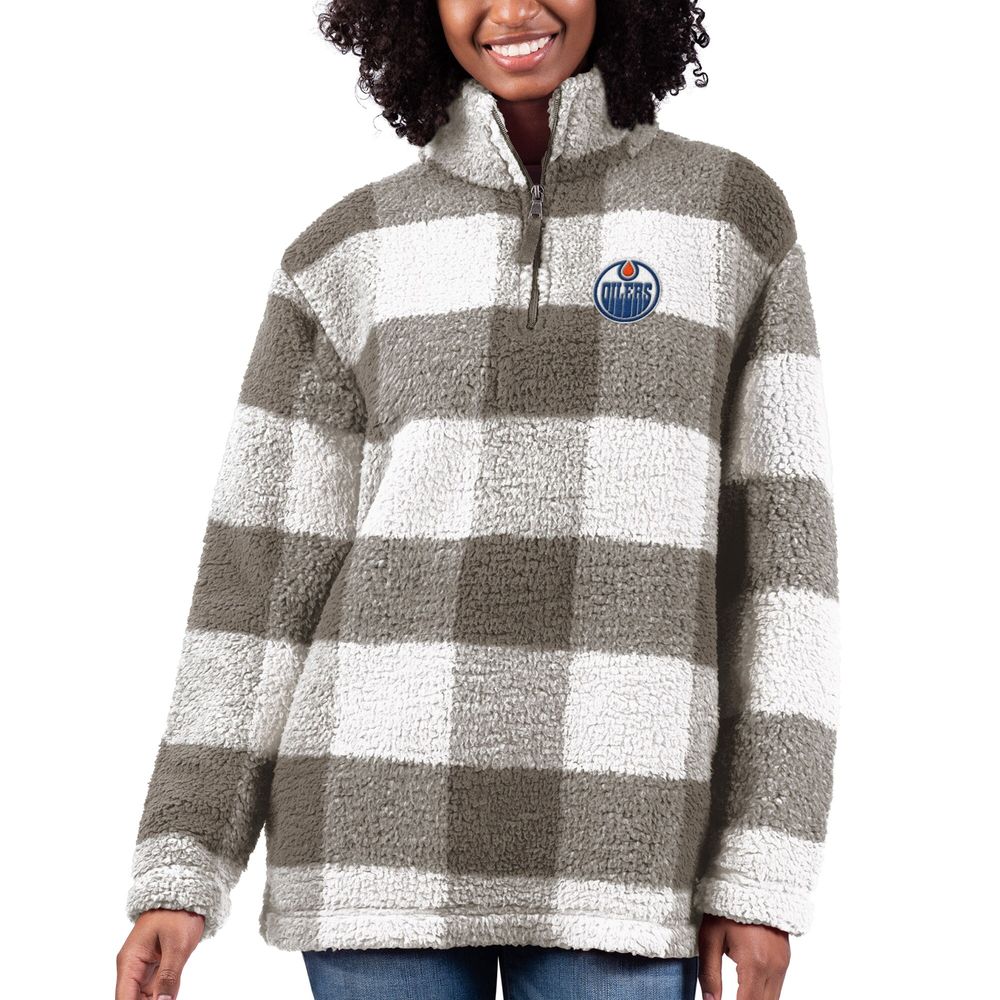 Women's G-III 4Her by Carl Banks Brown/White Edmonton Oilers Plaid Sherpa - Quarter-Zip Jacket