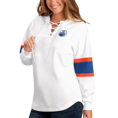 Women's G-III 4Her by Carl Banks White Edmonton Oilers Game Plan Lace-Up Pullover Hoodie
