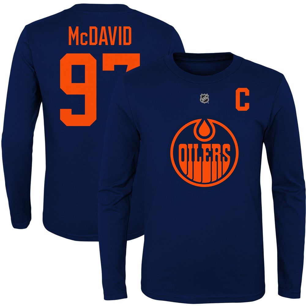 Youth Edmonton Oilers Connor McDavid Navy Authentic Stack Long Sleeve Name  & Number T-Shirt