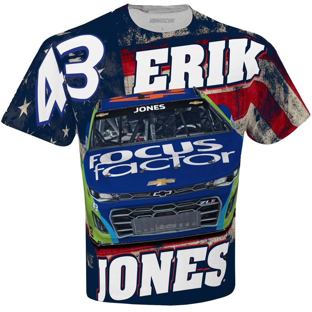 Men's Checkered Flag White Erik Jones FOCUS factor Sublimated Patriotic Total Print T-Shirt