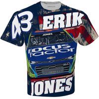 Men's Checkered Flag White Erik Jones FOCUS factor Sublimated Patriotic Total Print T-Shirt