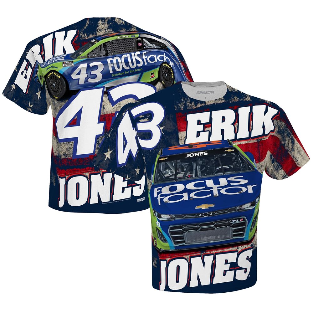 Men's Checkered Flag White Erik Jones FOCUS factor Sublimated Patriotic Total Print T-Shirt