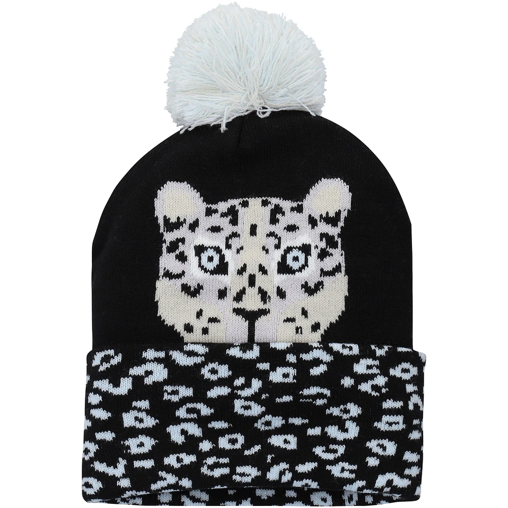 Youth Explore Black Snow Leopard Cuffed Knit Hat with Pom