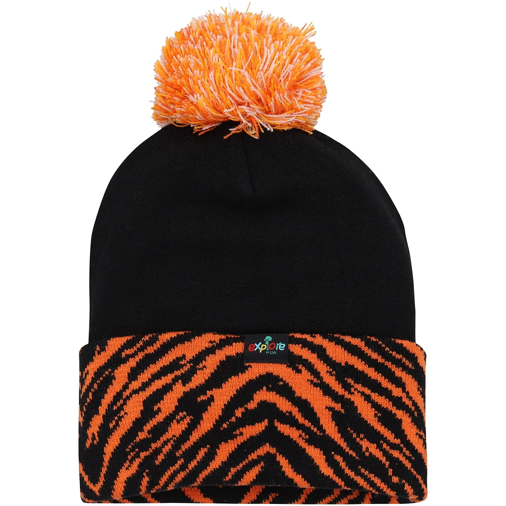 Youth Explore Black Tiger Cuffed Knit Hat with Pom