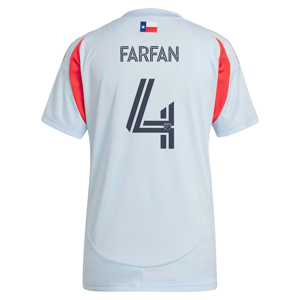 Maillot de joueur réplique adidas Marco Farfan bleu clair FC Dallas 2025 The Inferno Kit pour femme