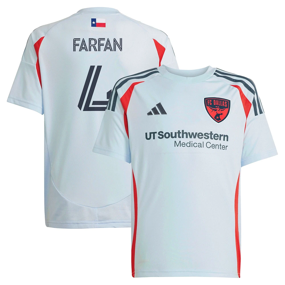 Maillot de joueur réplique adidas Marco Farfan bleu clair FC Dallas 2025 The Inferno Kit pour jeunes