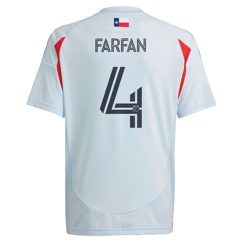 Maillot de joueur réplique adidas Marco Farfan bleu clair FC Dallas 2025 The Inferno Kit pour jeunes