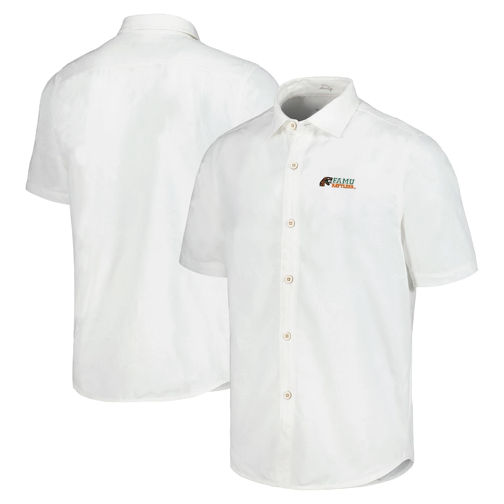 Chemise boutonnée Tommy Bahama blanche Florida A&M Rattlers Coconut Point Palm Vista IslandZone Camp pour hommes