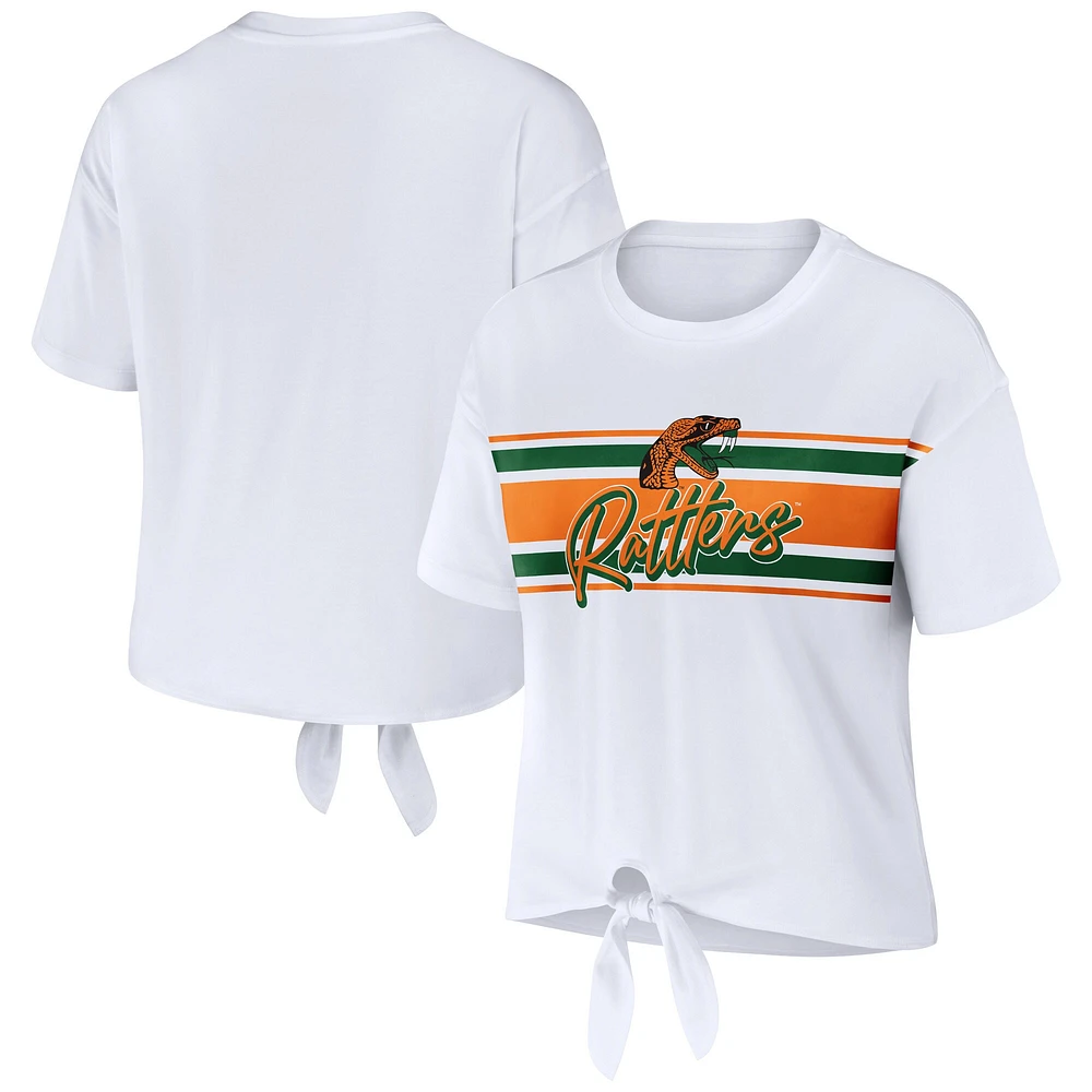 Women's WEAR by Erin Andrews White Florida A&M Rattlers Striped Front Knot Cropped T-Shirt