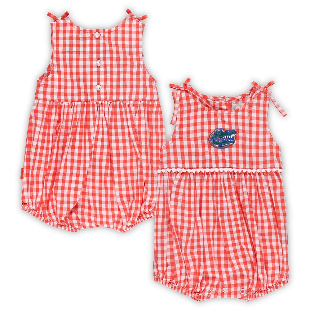 Girls Infant Garb Orange/White Florida Gators Teagan Gingham Ruffled Romper