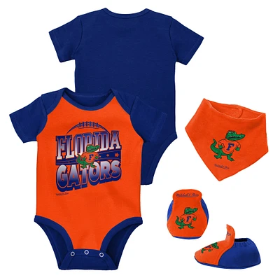 Ensemble de 3 bodys, bavoirs et chaussons Mitchell & Ness Royal/Orange Florida Gators pour bébé