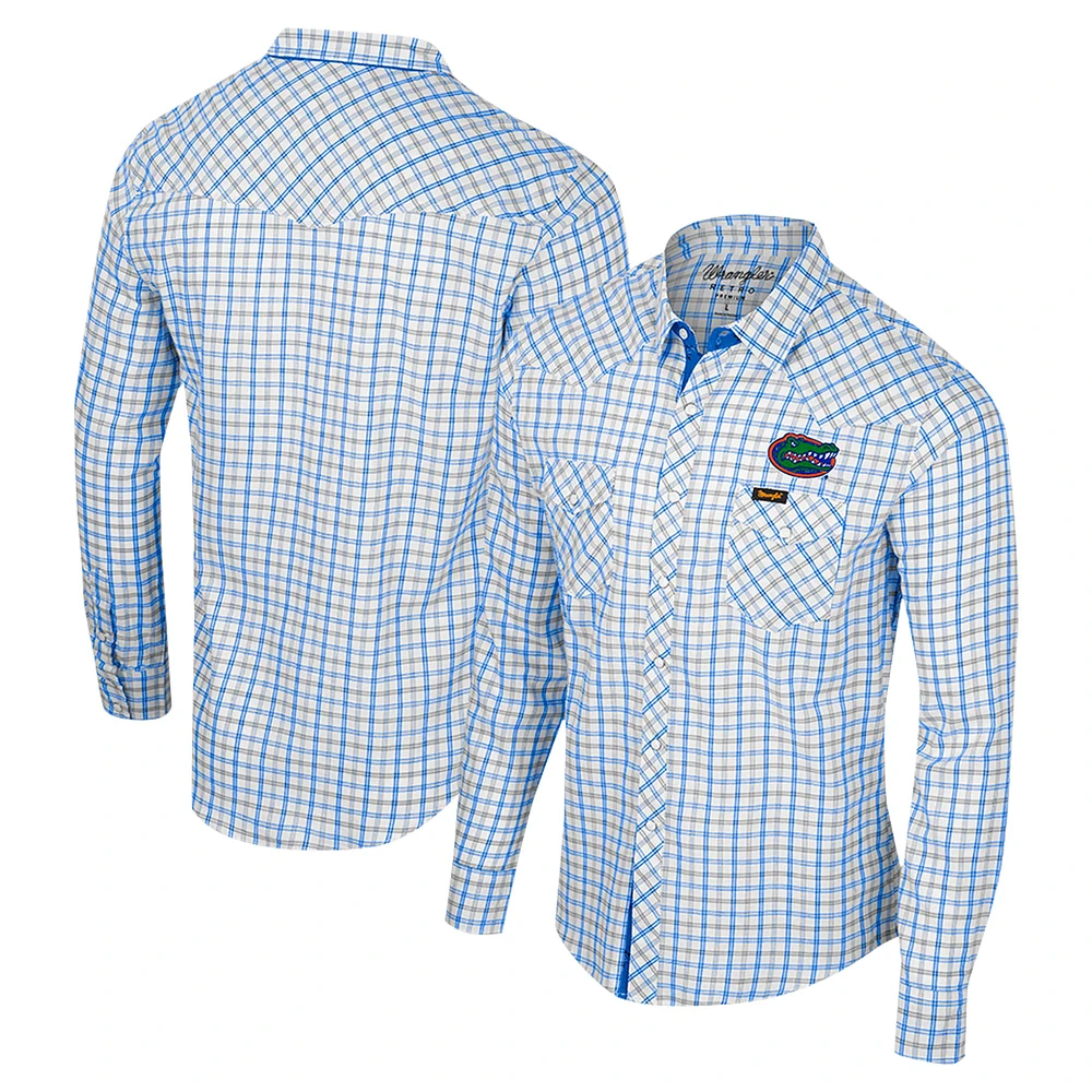 Men's Colosseum x Wrangler White Florida Gators Plaid Window Pane Long Sleeve Full-Snap Shirt